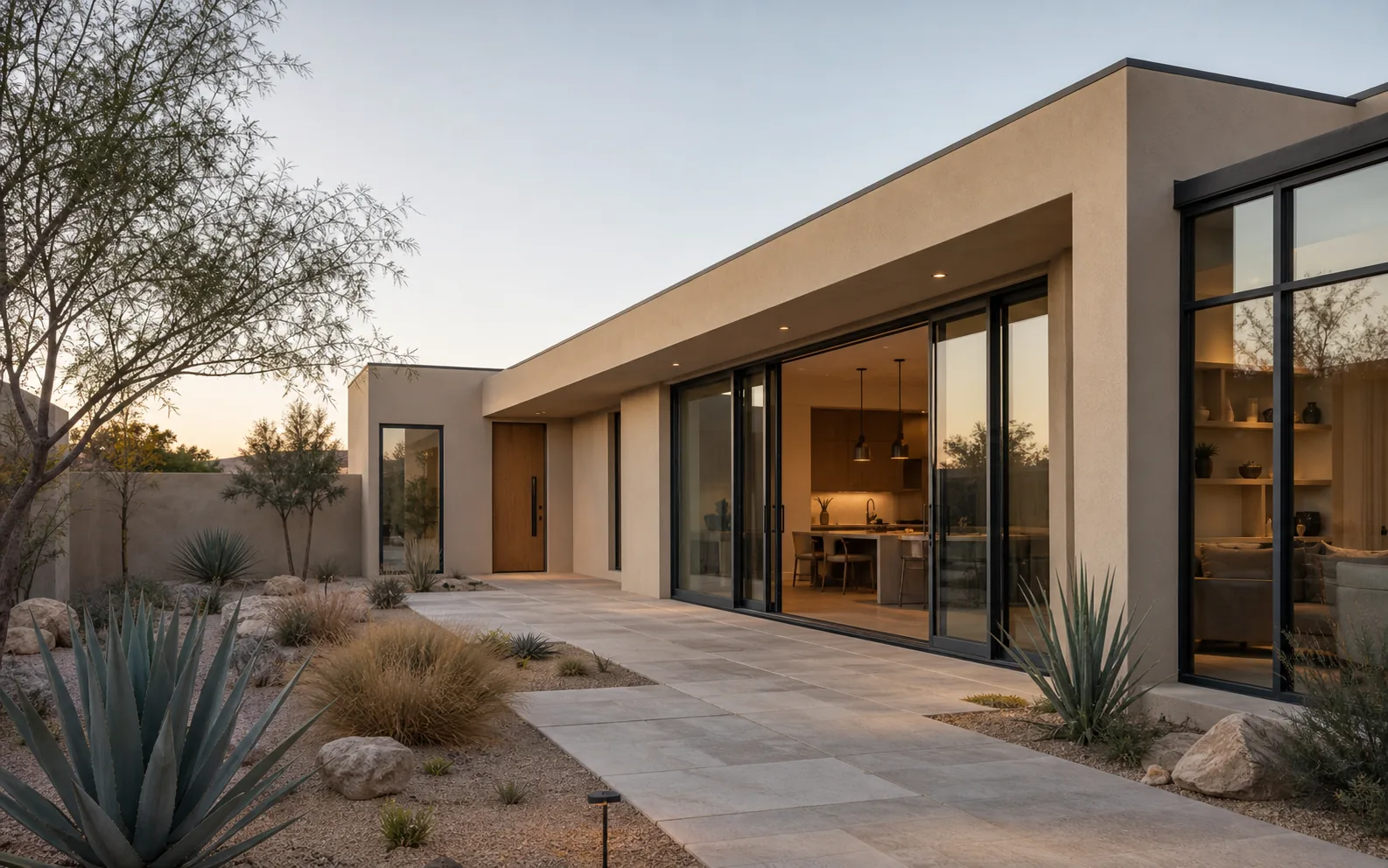 Desert-modern home at dusk with black aluminium sliding doors open onto a lit kitchen.