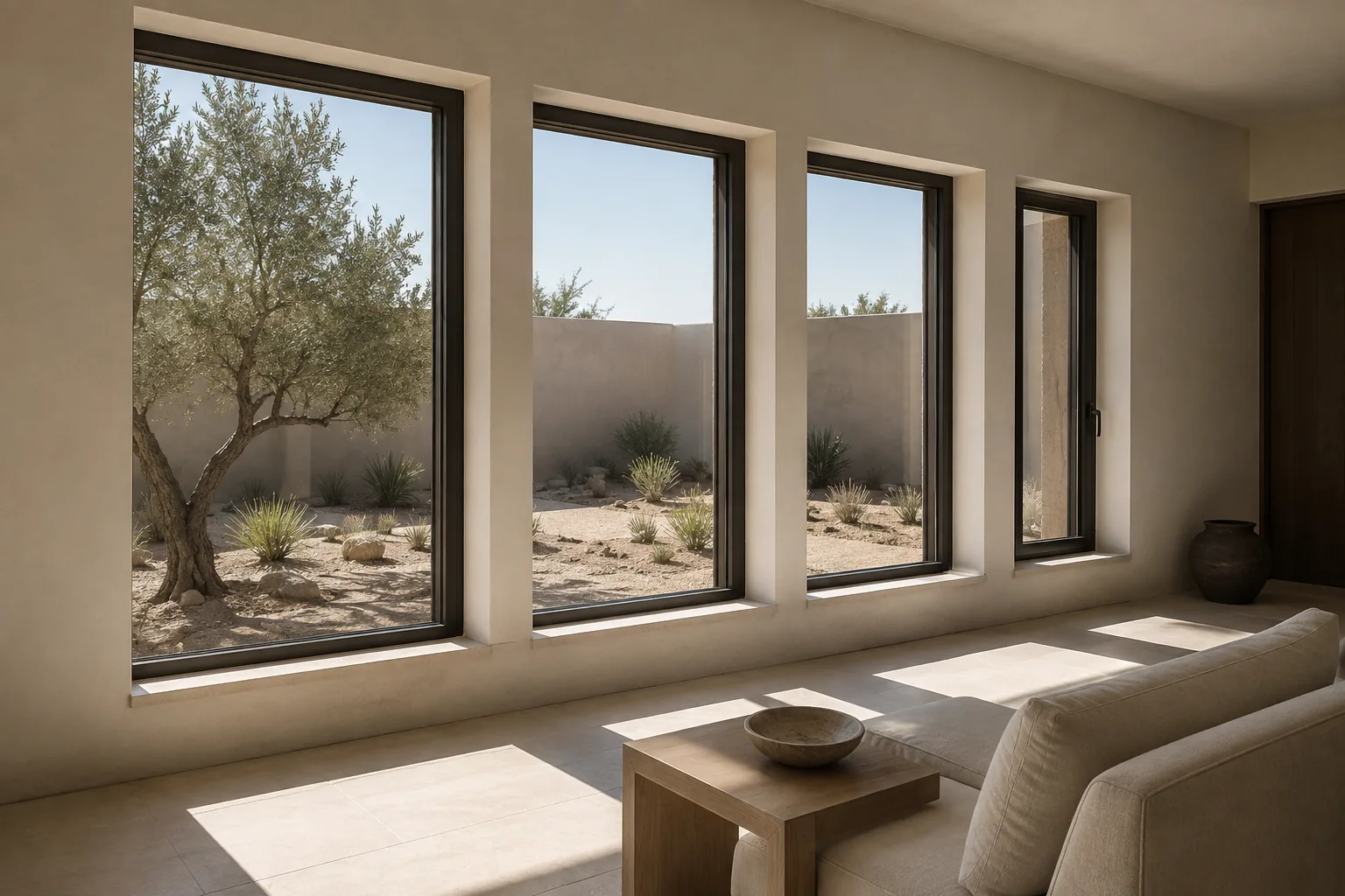 Interior room with a row of black-framed fixed windows looking onto a desert courtyard.